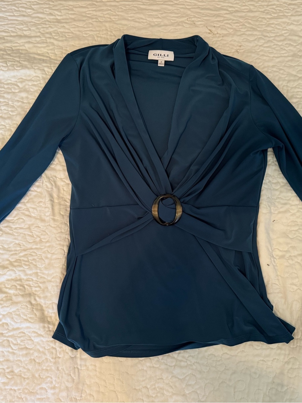 Gilli Deep Teal Ring-Front Long Sleeve Blouse
